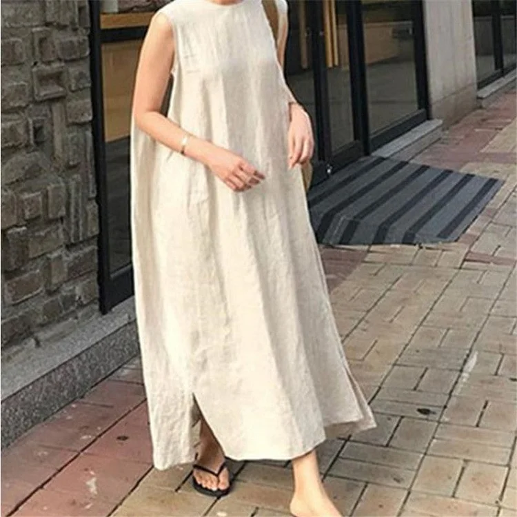 Loose Cotton Vest Dress New Round Neck Sleeveless Long Dress Linen-Cosfine