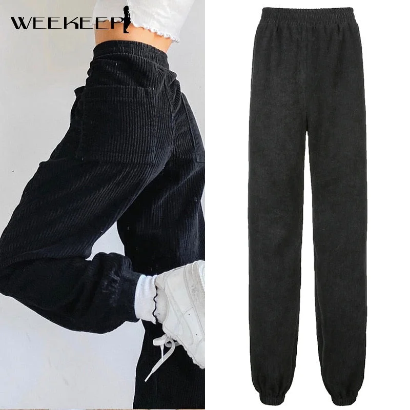 Weekeep Streetwear Black Corduroy Pants Casual Korean Joggers Women Elastic High Waisted Sweatpants Harajuku Pocket Pencil Pants
