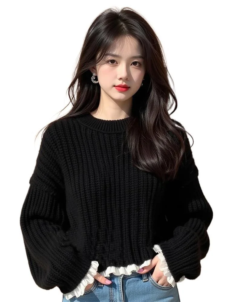 Athvotar Athvotar Heavy Industry Black Lace Sleeve Thick Line Sweater Women 2025 New Lazy High-End Feeling Small Knitted Top