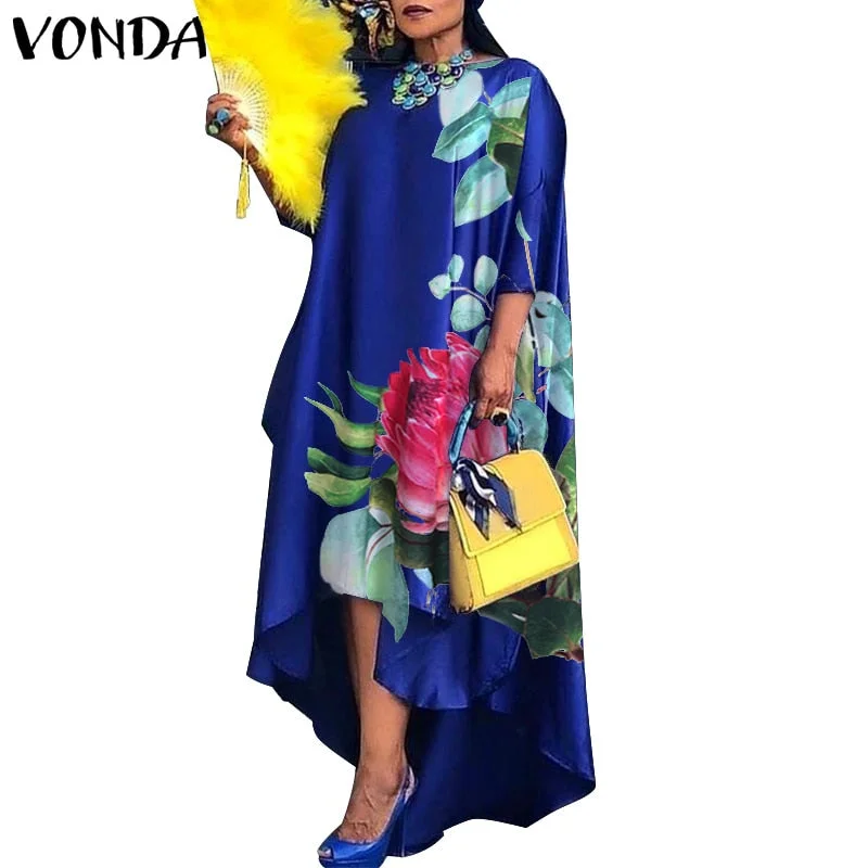 Women Dress 2022 VONDA Vintage Printed Asymmetric Party Long Maxi Dress Femme Robe Beach Sundress Casual Vestido Plus Size Robe