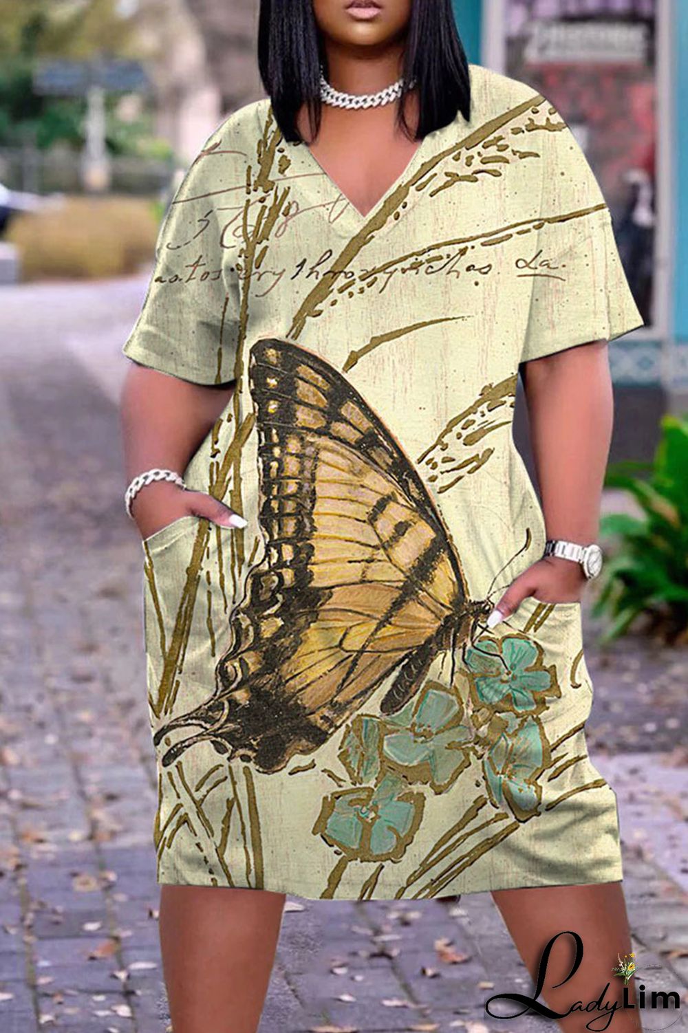 Beige Casual Street Print Patchwork V Neck Straight Dresses