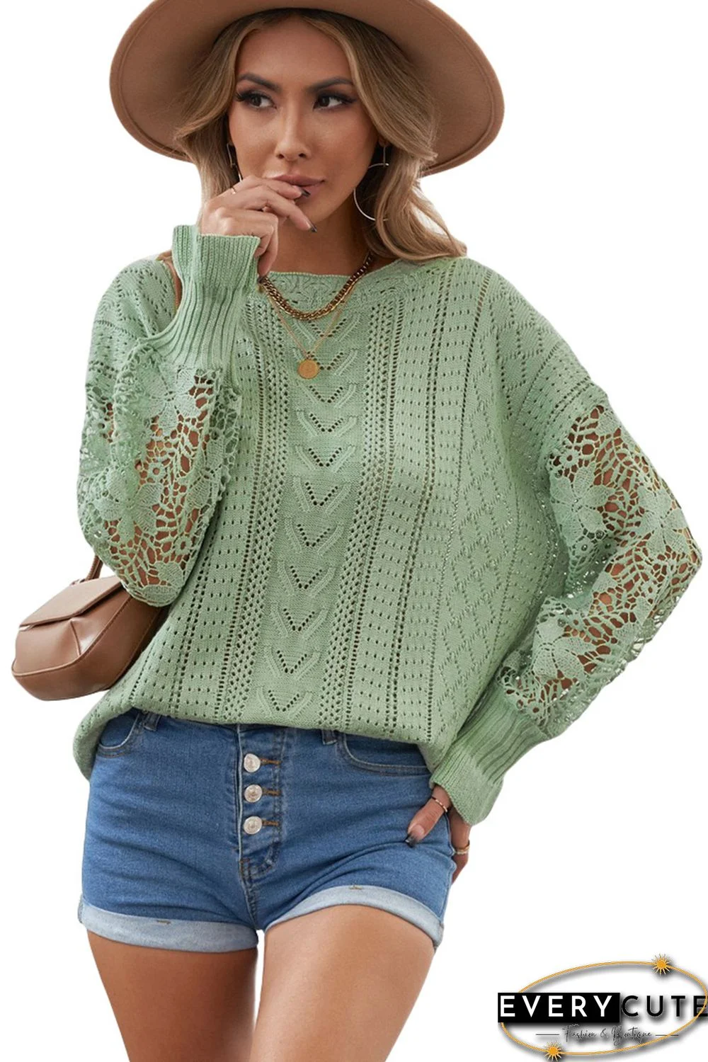 Green Crochet Lace Pointelle Knit Sweater