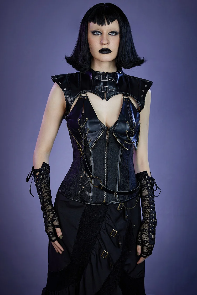 Gothic Plus Size Black Party Halter Steel Bone PU Leather Zipper Grommet Lace Up Corset