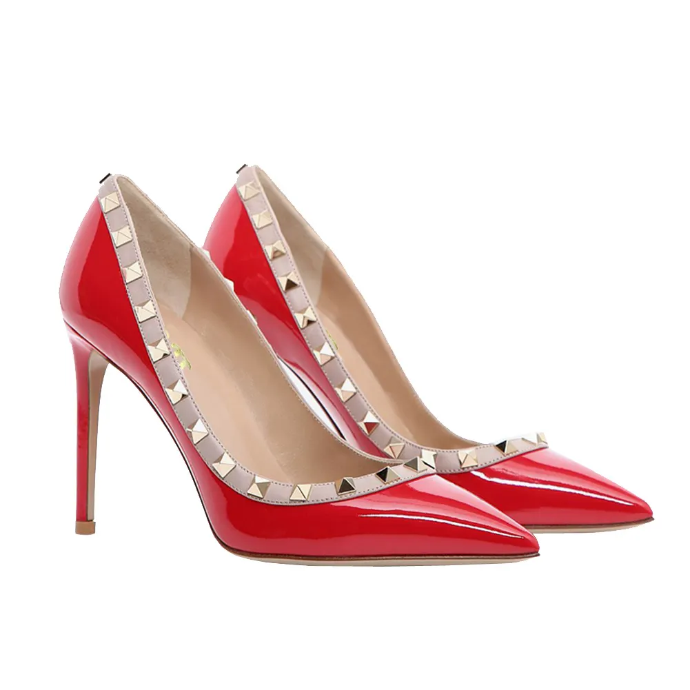100mm Women's Sexy Pointy Toe Studs Stilettos High Heels Rivets Shoes Red Patent-vocosishoes