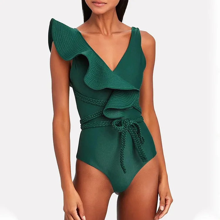 Sexy Solid Color Ruffle One Piece Swimsuit