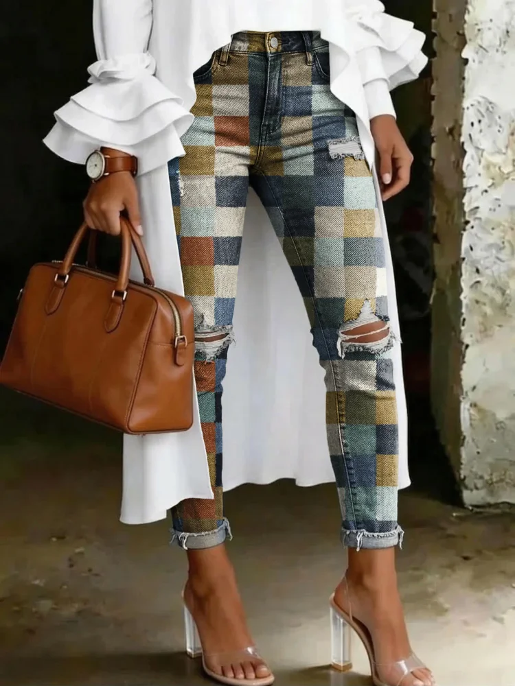 Women's Checkered Art-print Casual Ripped Skinny Jeans