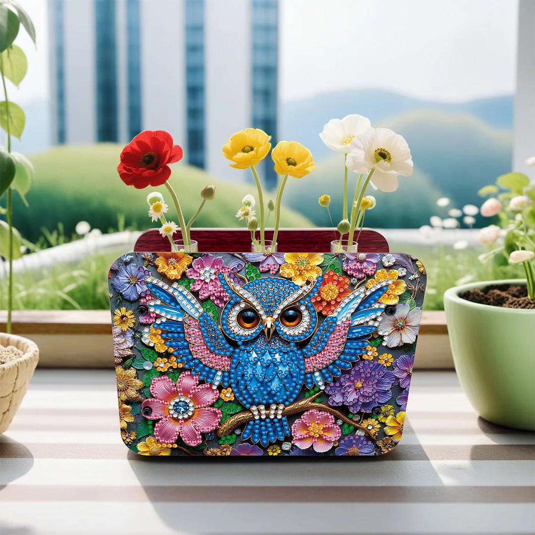 Gem Owl DIY Diamond Painting Wooden Tube Vase for Adults Gift Idea Home Decor