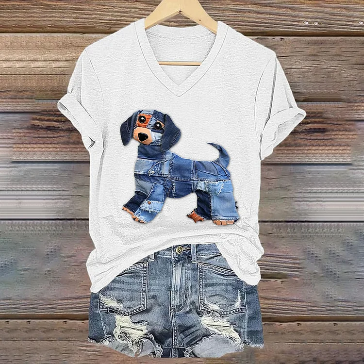 Utbros Women's Cute Dachshund Denim Patchwork Print V Neck T-shirt