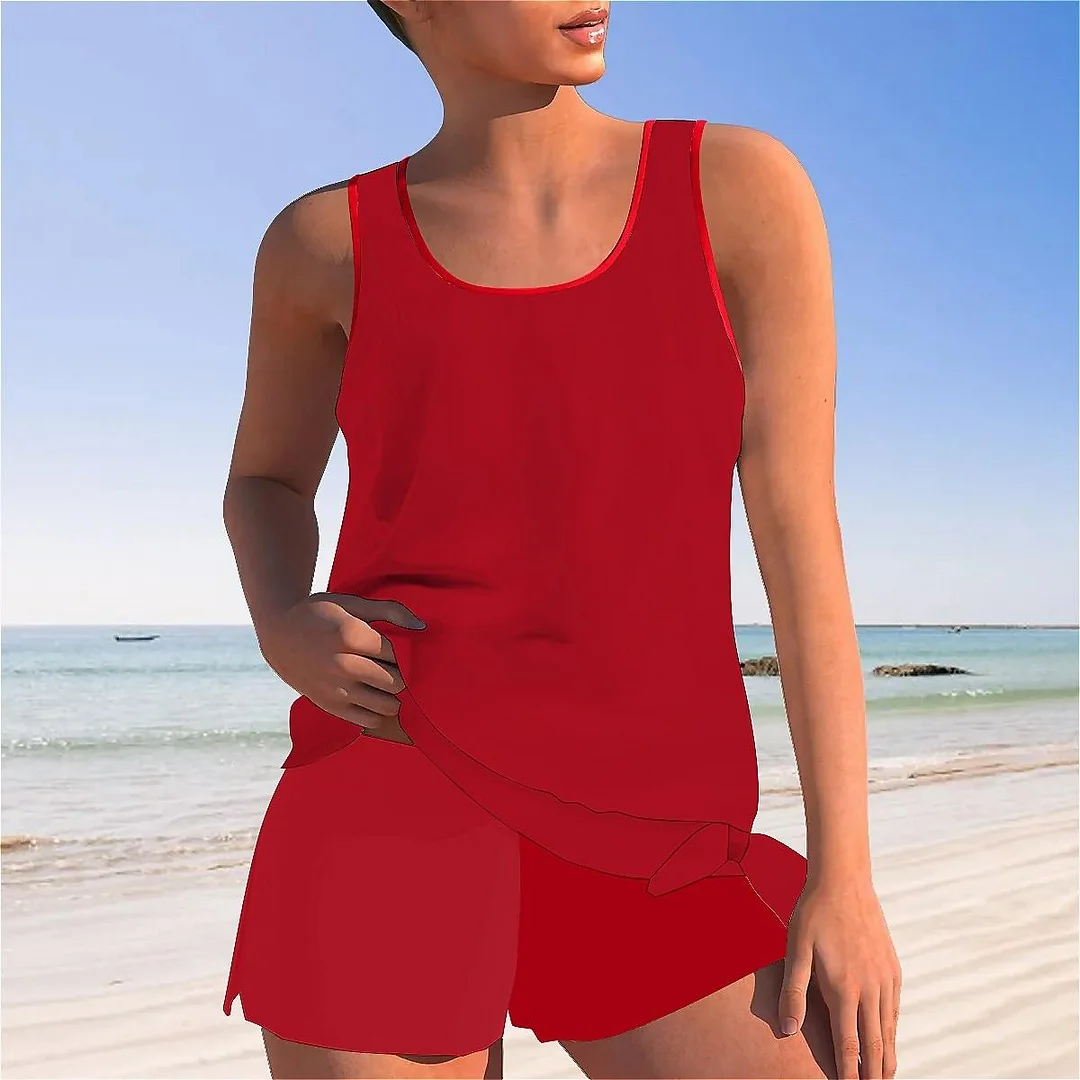 Bowknot Solid Color Mid Waisted Tankini Set - Plus Size Available