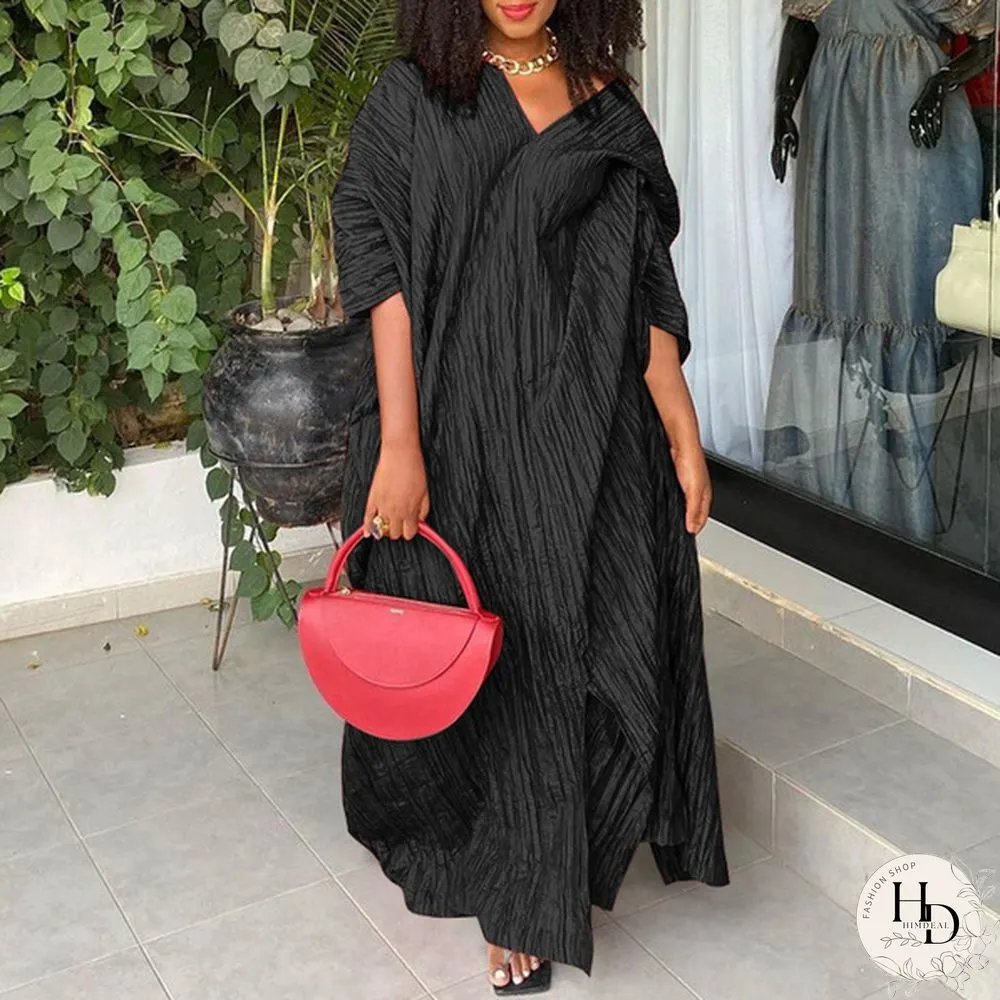 VONDA Party Women Fashion V Neck Pleated Long Maxi Dresses Baggy Half Sleeve Solid Color Vestido Robes Longue Plus Size