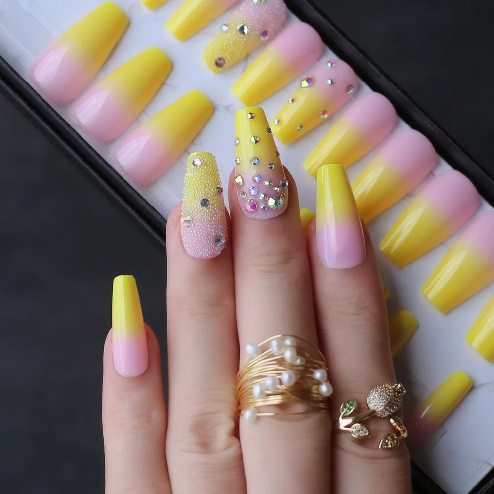 Lemon Yellow French ombre coffin shiny gel fake nails Rhinestone glossy Ballet nails false nail crystal art design caviar match-Nail Inspo