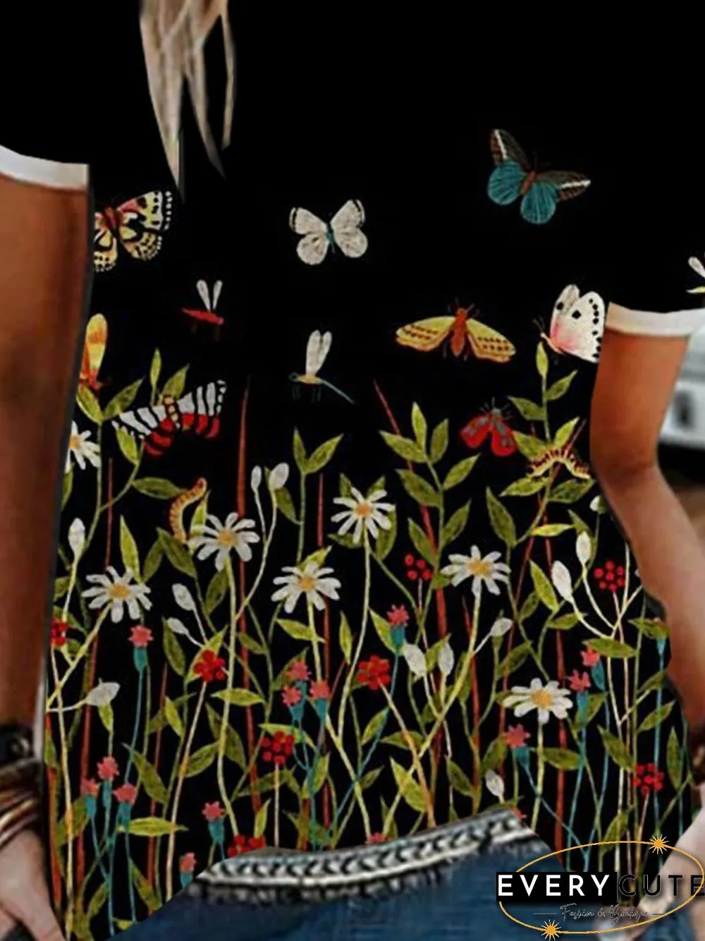 Floral Short Sleeve Printed Cotton-blend Crew Neck Casual Summer Black Top