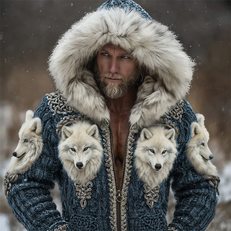 Men's Viking Fuzzy Wolf Celtic Cozy Fur Trim Hooded Cardigan