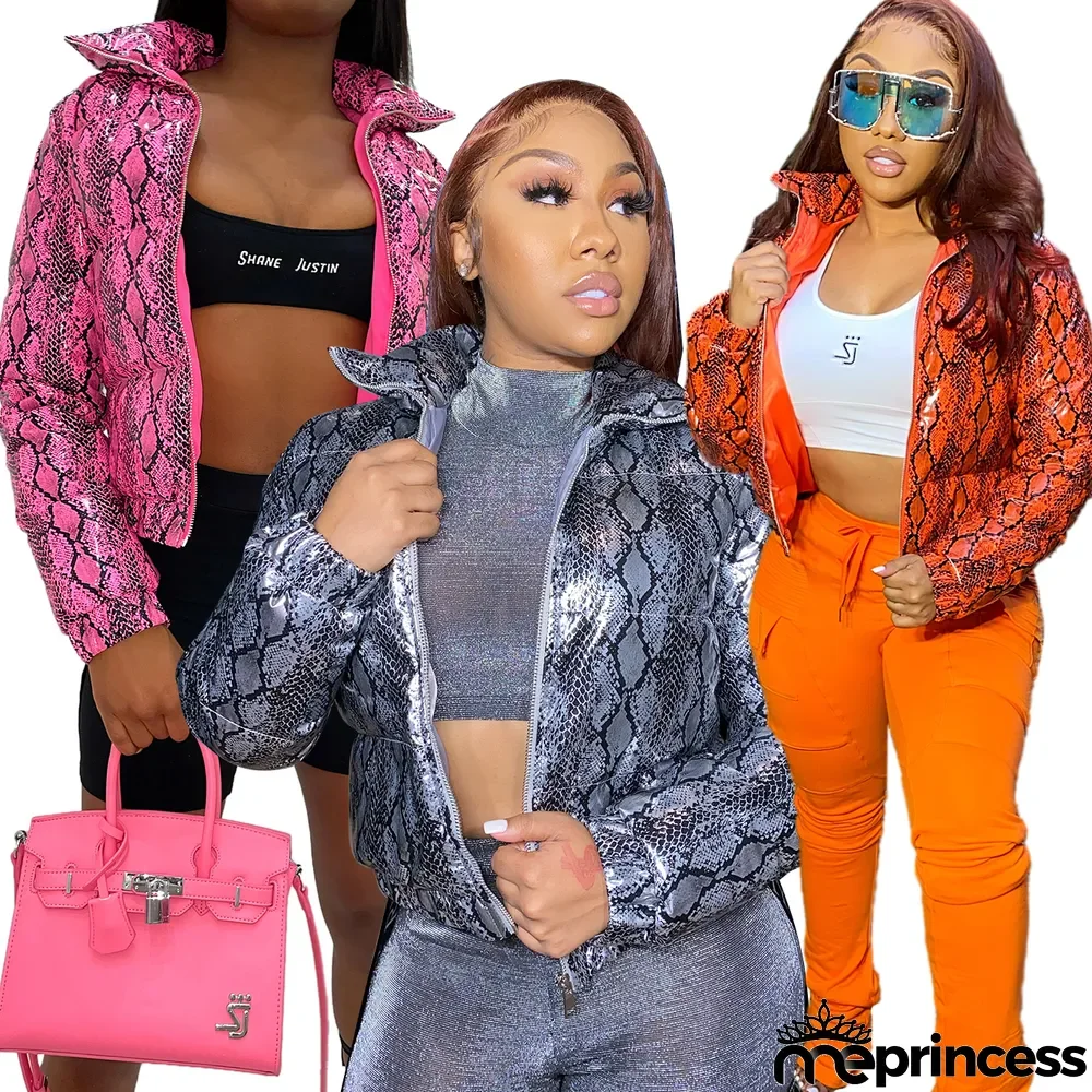 Winter Snake Skin Print Zipper Leather Coat