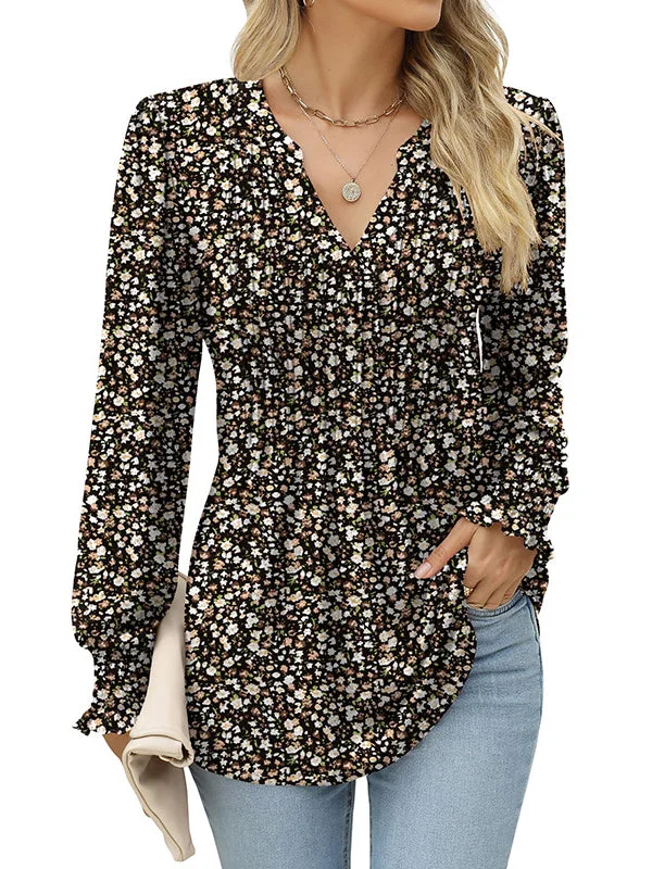Women's Floral Printed Long Sleeve V-neck Top Blouse