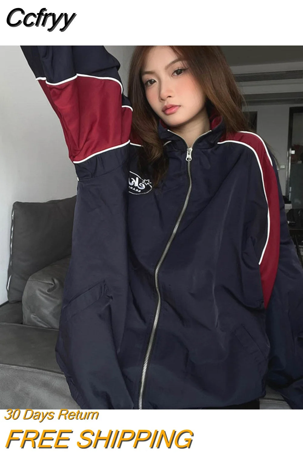 Huibahe Vintage Windbreaker Jacket Women Hip Hop Y2k Streetwear Oversized Zipper Bomber Jackets Track Embroidery Korean Fashion