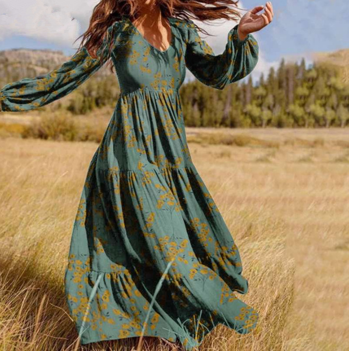 V-Neck Casual Retro Floral Print Chiffon Loose Maxi Dress