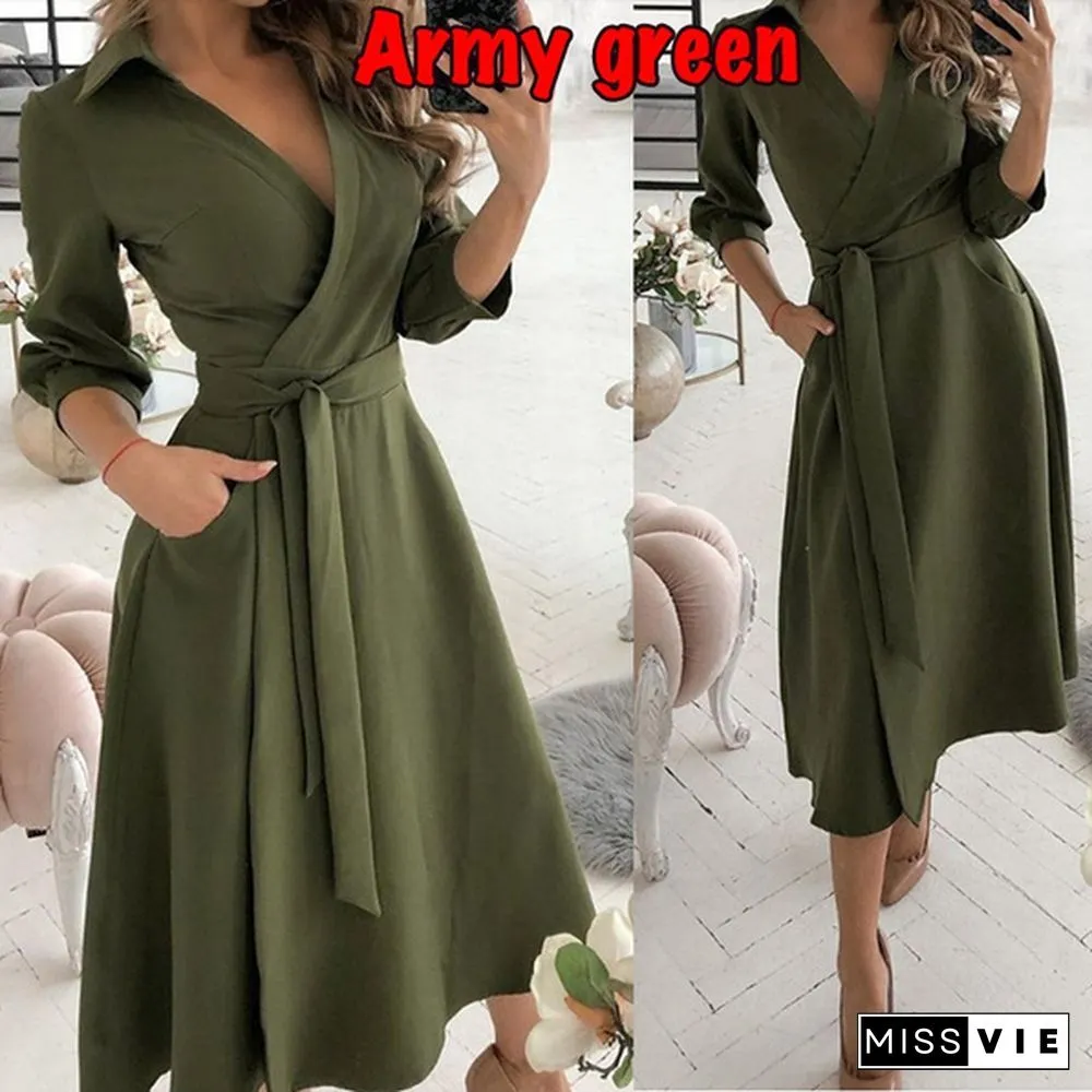 Fashion V-Neck Print Dress-SummerCasualBeltLacePartyLinePromLongSleeveLadiesTunic