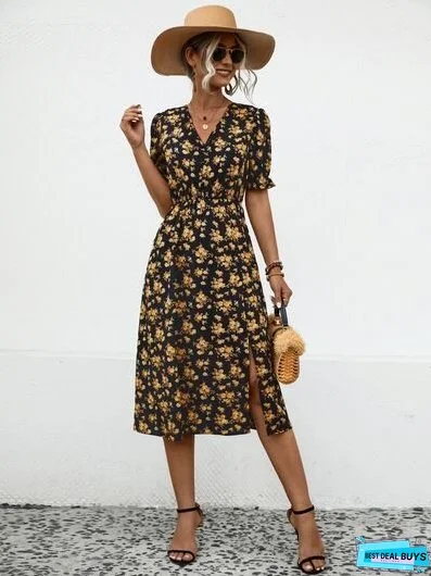 Slit Printed V-Neck Short Sleeve Dress