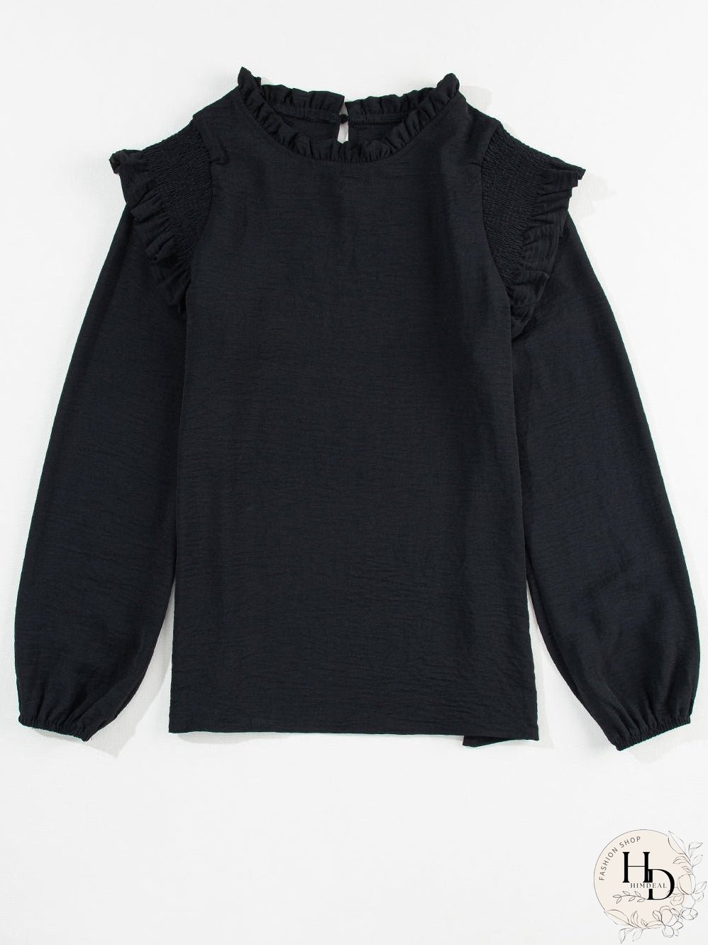 Elegant Black Ruffled Shoulder Bubble Sleeve Blouse