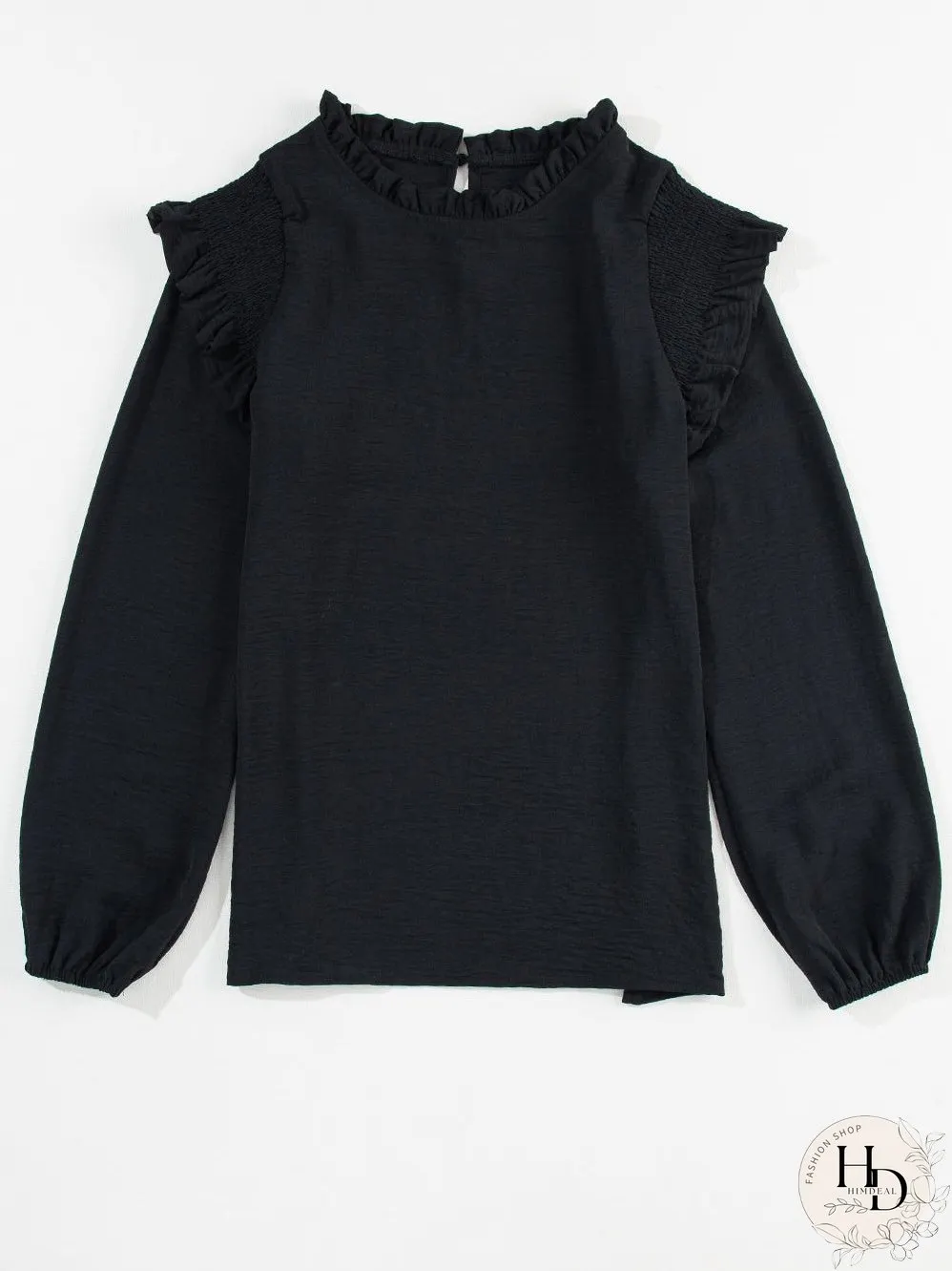 Elegant Black Ruffled Shoulder Bubble Sleeve Blouse