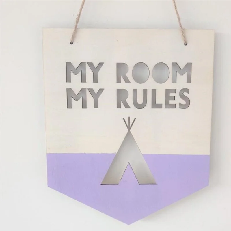 INS Wooden Positive Slogan Banner MY ROOM MY RULES Wood Chip For Kids Room Decoration Ornaments Wall Hanging Garland Photo Props