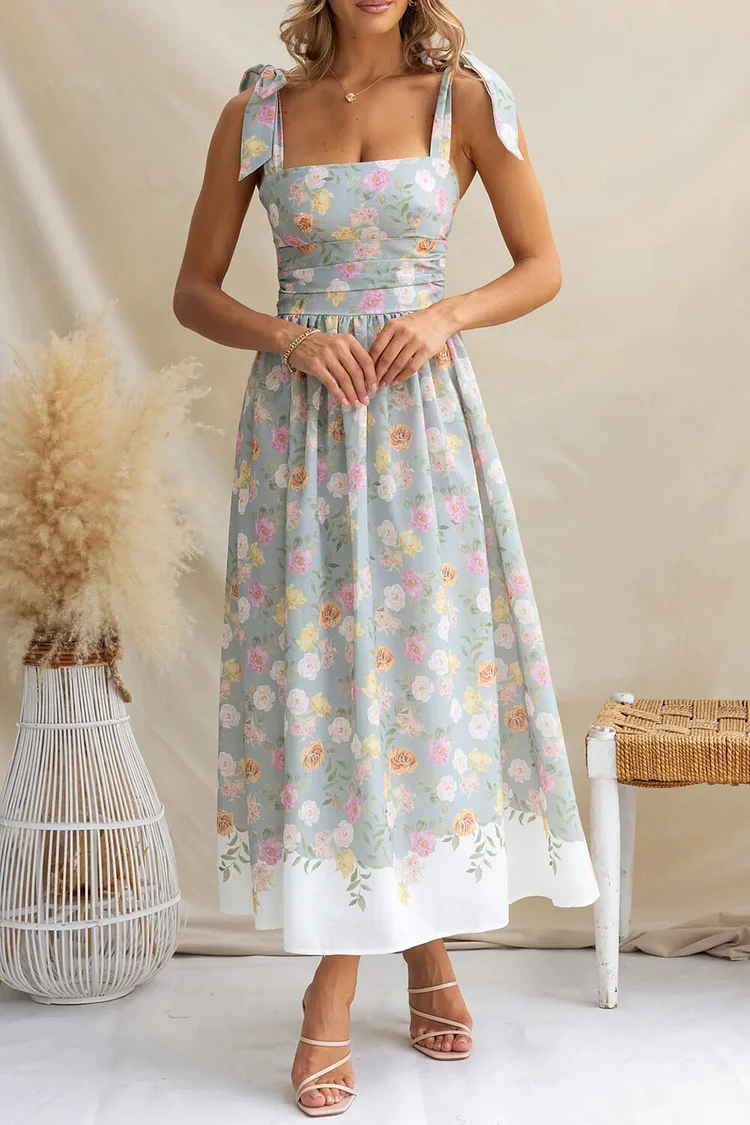 Tie Up Shoulder Straps Floral Print A-Line Midi Dresses-Grey
