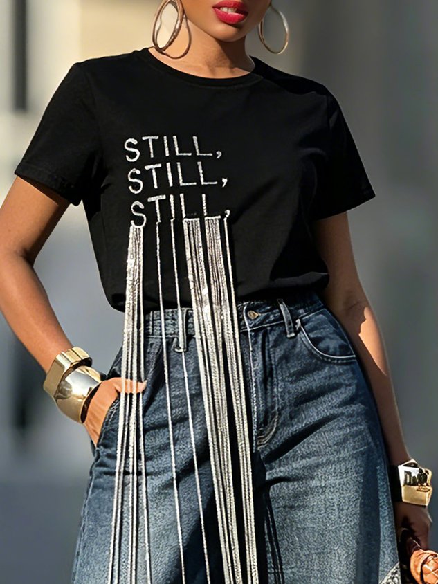 Casual Text Letters Tassel T-shirt mysite idetrend