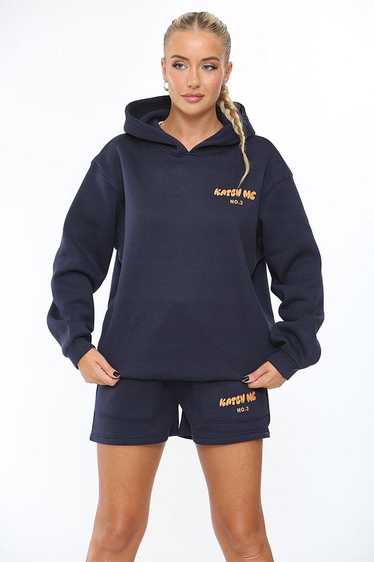 Dark Blue "Katch Me" Print Hoodie & Shorts Co-ord Katch Me