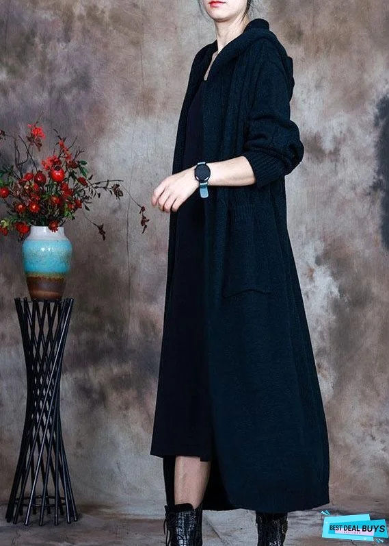 Stylish Blue Hooded Pockets Knit Cardigans Winter