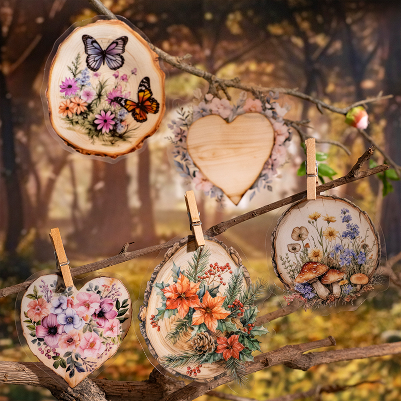 PET 스티커 - 핸드메이드 나무칩 시리즈 빈티지 식물 꽃 숲 풍경