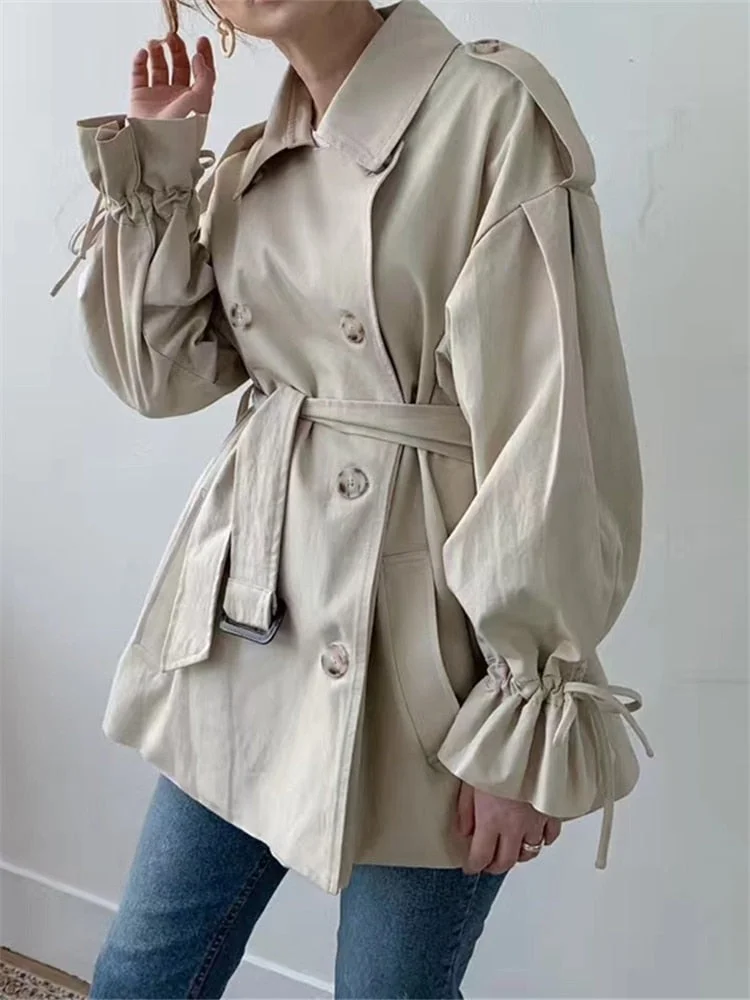 Casual Loose Flare Sleeve Double Breasted Windbreaker Trench Coat 