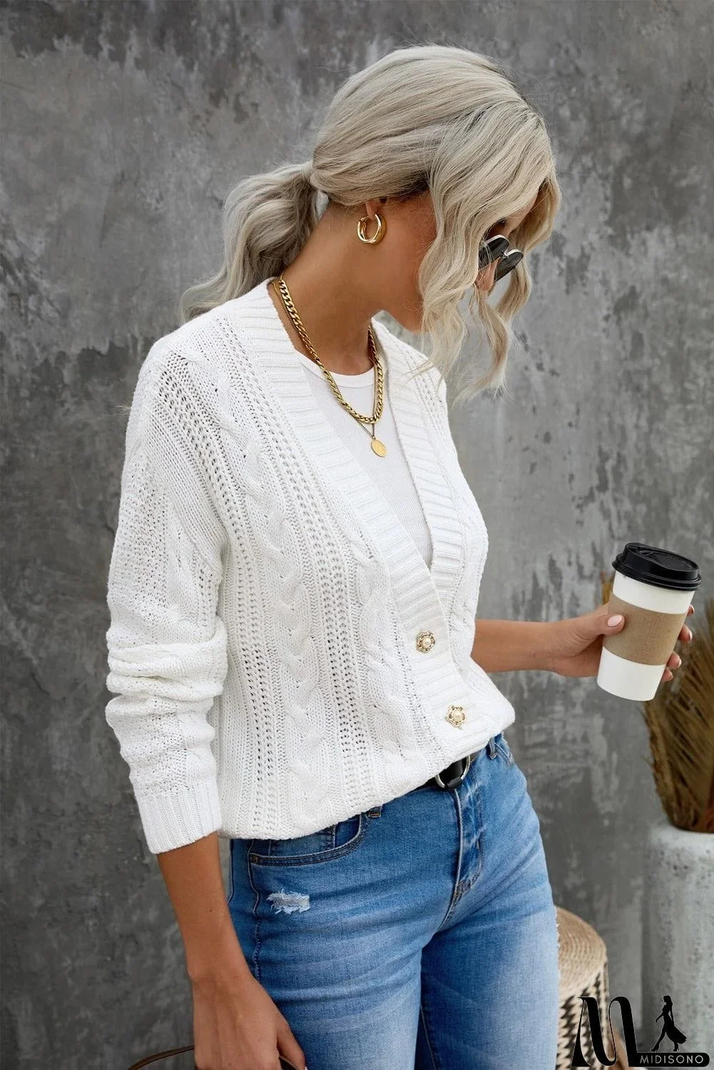 MidiSono - Buttons Weave Knit Cardigan