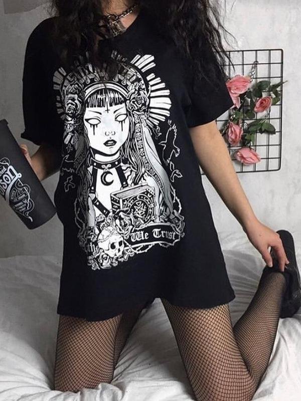 Gothic Doll PrintedWomen Short Sleeve Black Casual Loose Goth Punk Long T Shirt