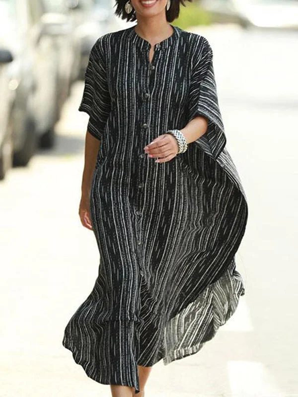 Striped Pockets Buttoned Loose High-Low Round-Neck Maxi Dresses Beach Cover-Up