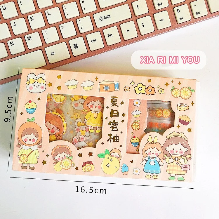 JOURNALSAY 5 Rolls 9 Pcs Cute Cartoon Sticker Washi Tape Gift Box Set DIY Collage Decoration Journal