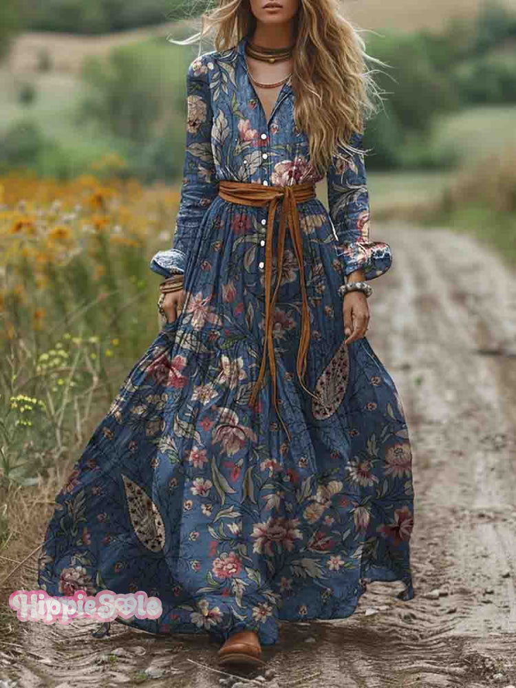 Women’s Shirt Collar Long Sleeve Floral Print Pocket Cotton A-Line Dress Multicolor / S