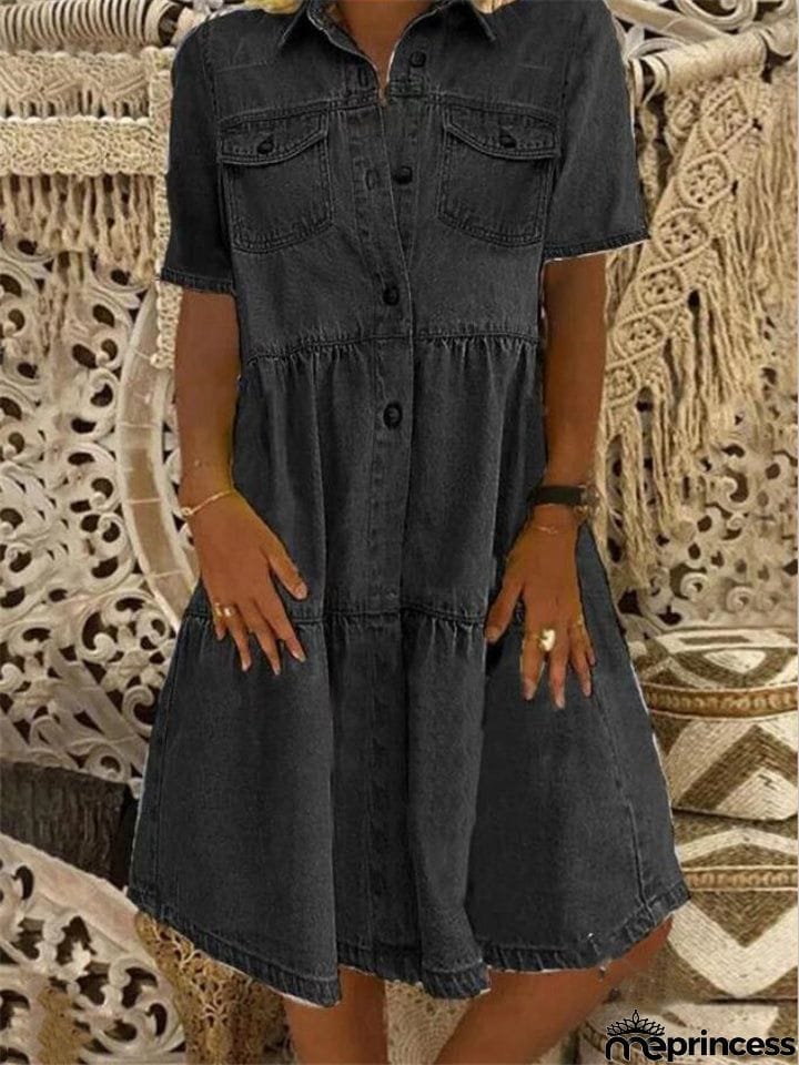 Short Sleeve Chest Pocket Denim Shirt Dress