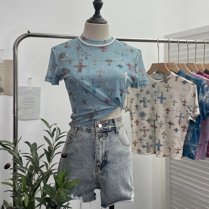 Nigikala Nigikala Shooting Retro Tie-Dye Double-Layer Mesh Half-High-Neck Short-Sleeved T-Shirt T-Shirt Short-Sleeved T-Shirted Woman 8833