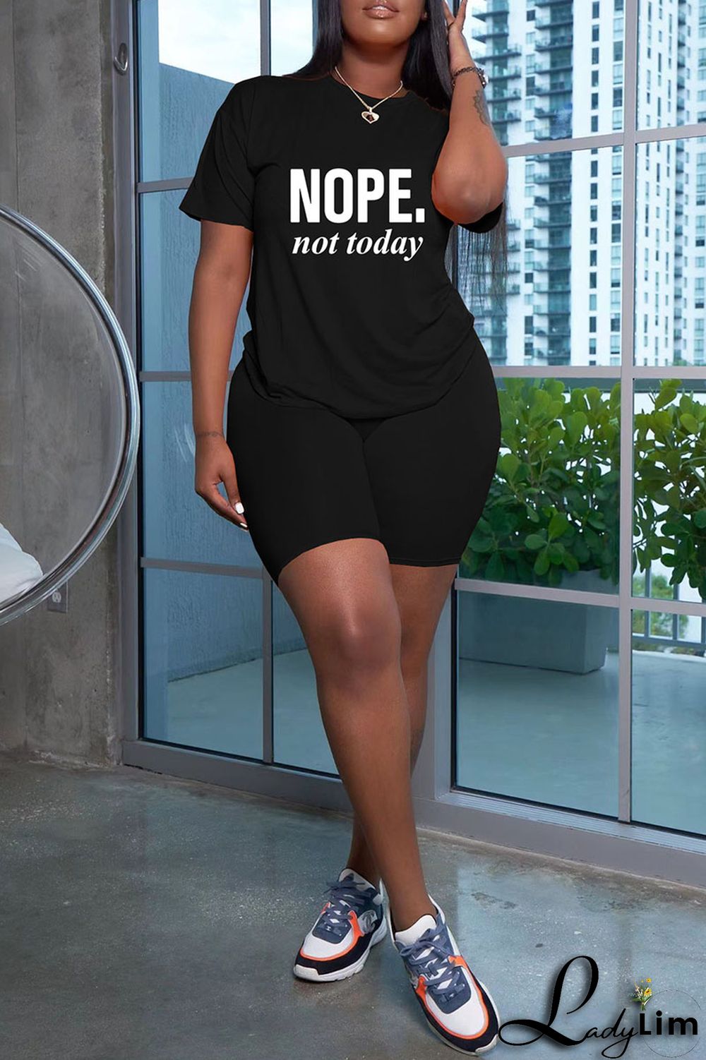 Grey Fashion Casual Letter Print Basic O Neck Short Sleeve Two Pieces