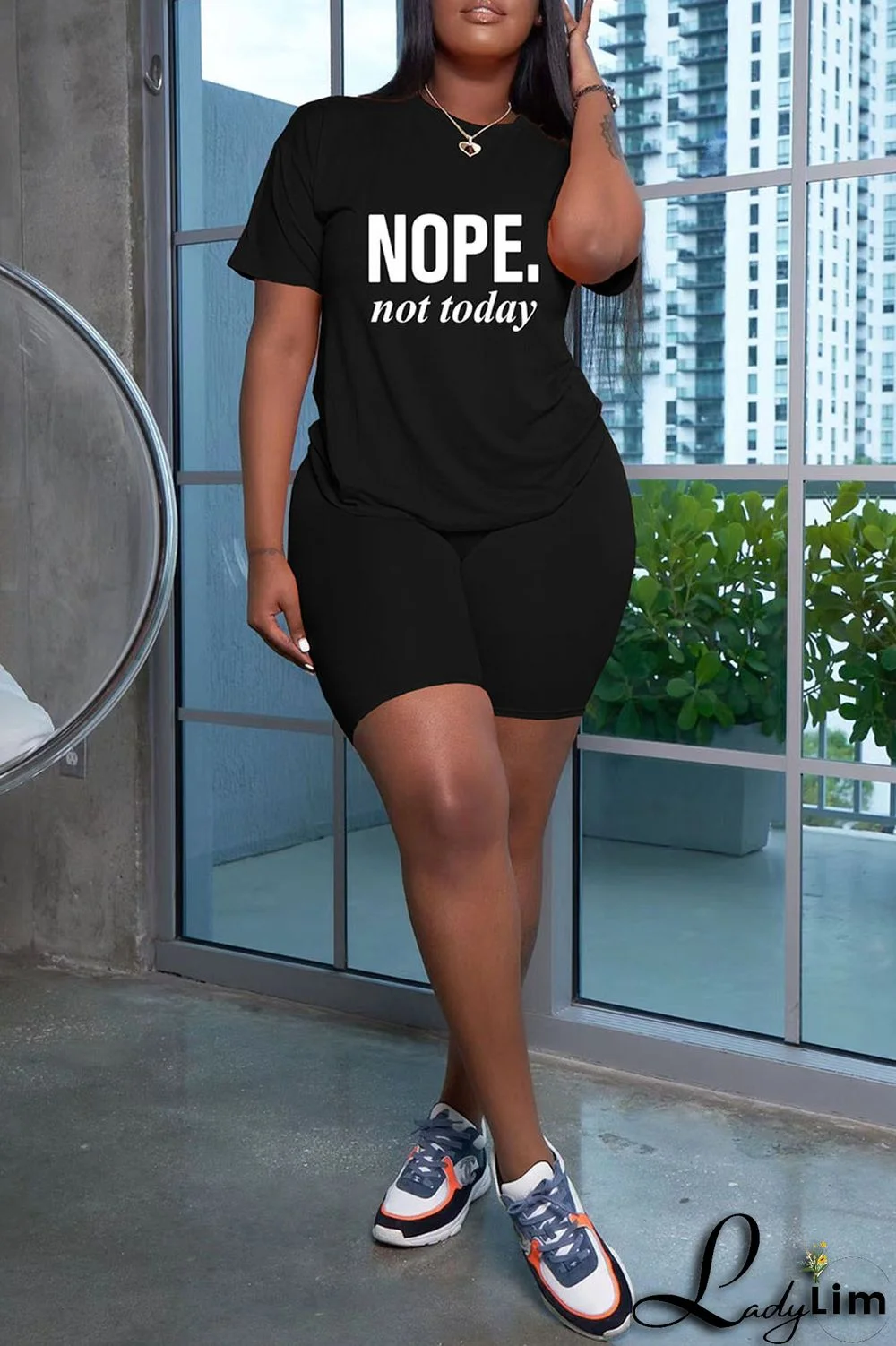 Grey Fashion Casual Letter Print Basic O Neck Short Sleeve Two Pieces