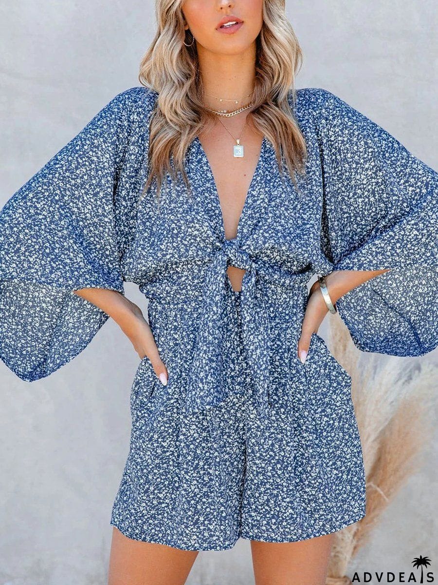Printed Knotted Flared Sleeve Rompers