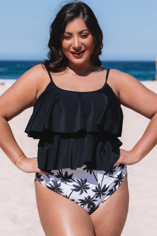 leaf print ruffle hem tankini