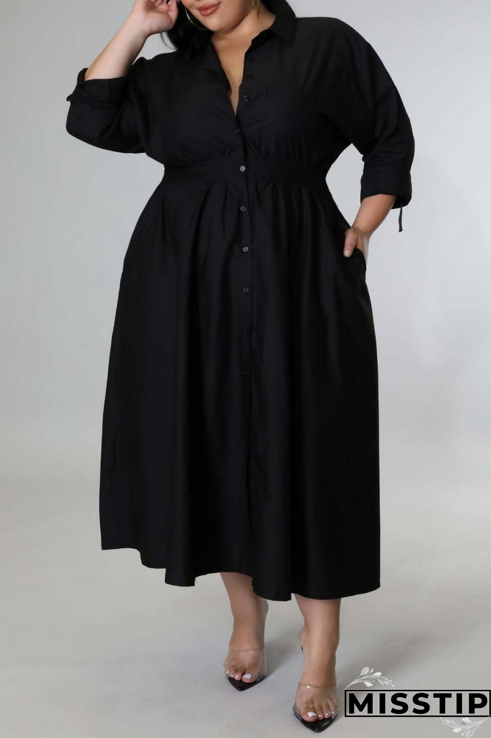 Blue Casual Solid Patchwork Turndown Collar Shirt Dress Plus Size Dresses