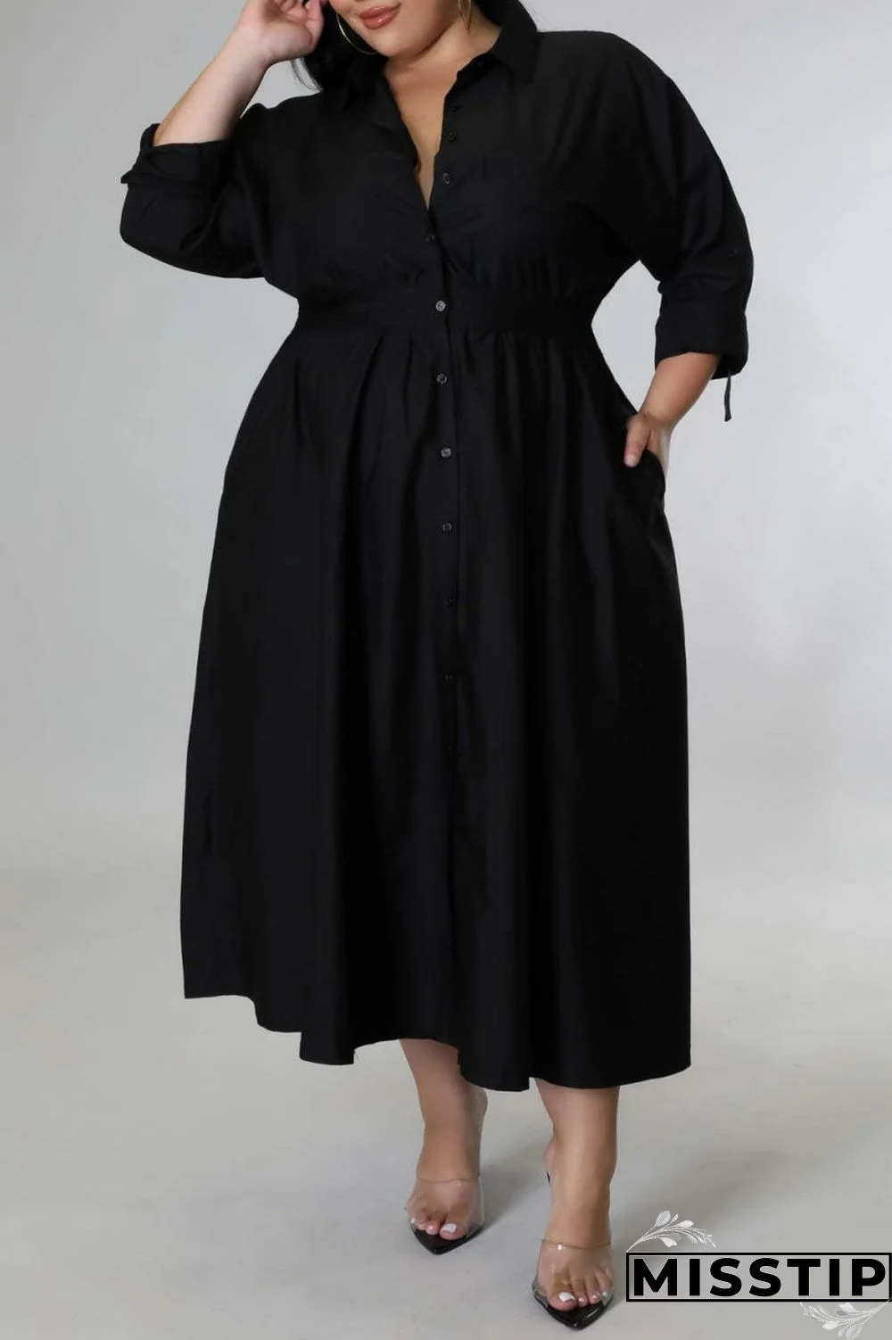 Blue Casual Solid Patchwork Turndown Collar Shirt Dress Plus Size Dresses