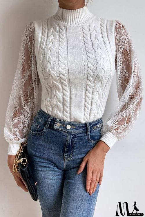 MidiSono - Tulle Lace Sleeve High Collar Sweater