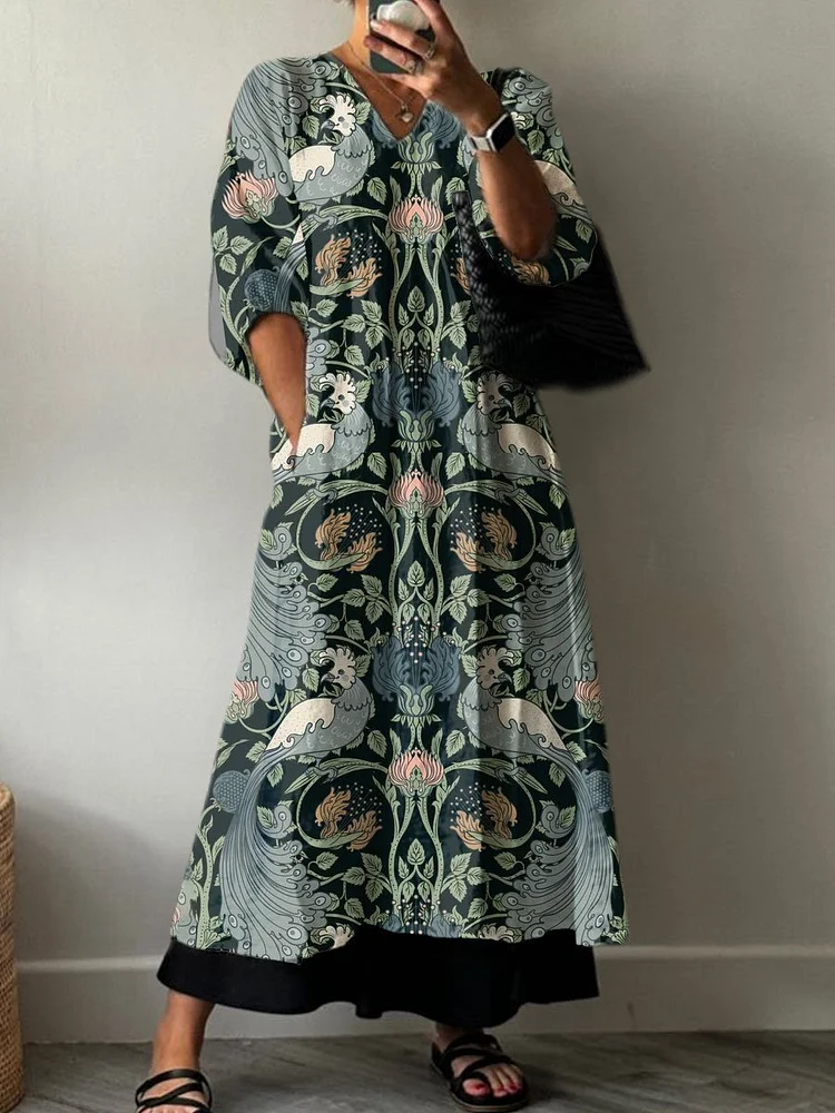 Women's Vintage Floral Print Pocket V-neck Cotton Dress