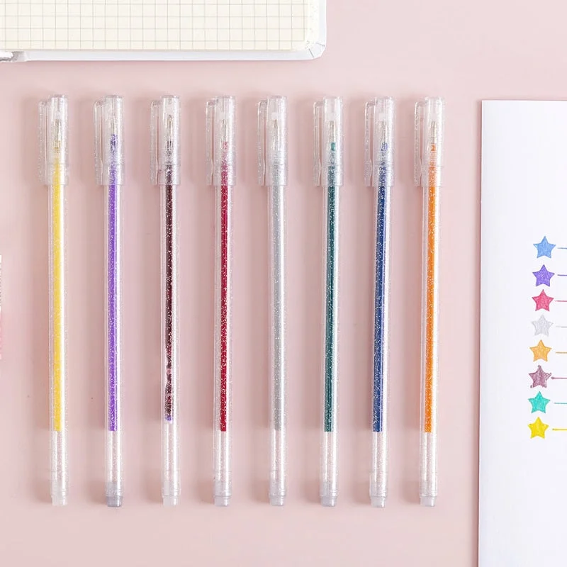 8Pcs/set Colors Kawaii Glitter Gel Pen Cute Colored Drawing Pen Highlighter Marker For Girl Kids Gift DIY School Art Stationery