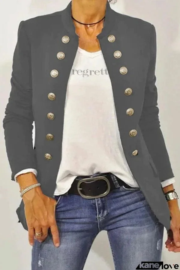 Solid Color Stand Collar Button Up Casual Jacket