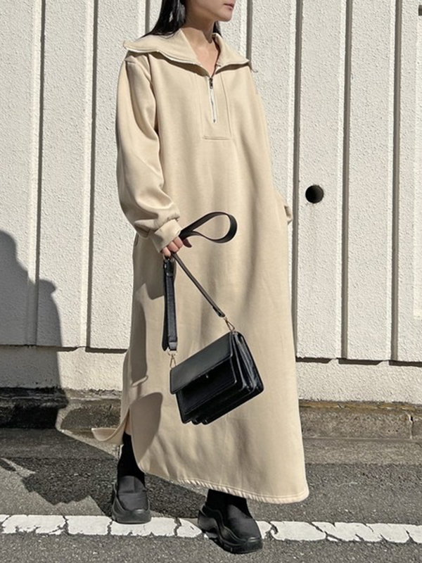 Loose Lapel Zipper Hoodie Midi Dress